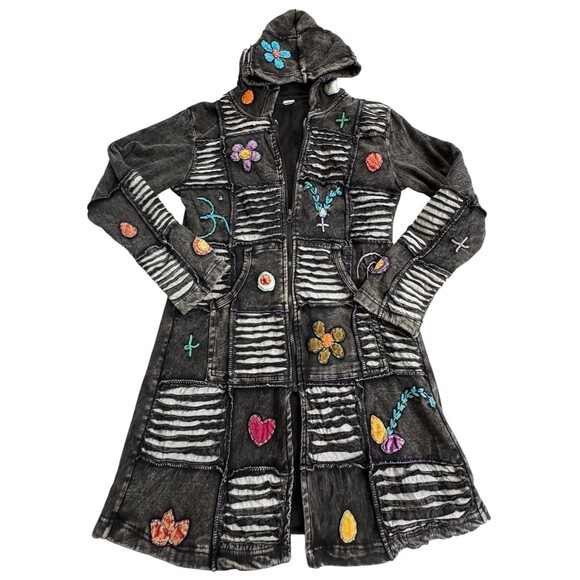 Handmade Shiva Patchwork Long Boho Hoodie Pre-Washed Cotton Black - Picture 11 of 12